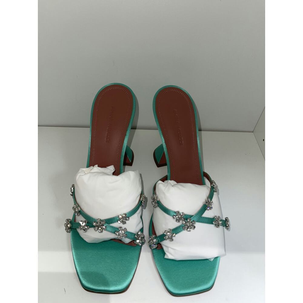 Amina Muaddi Green Satin Crystal Embellished Mules - Size 39